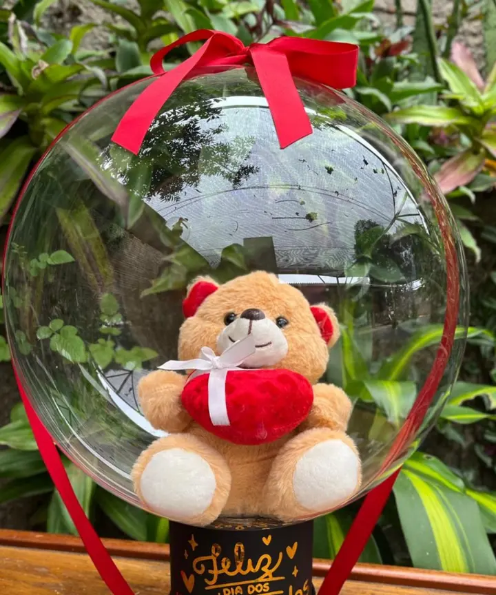 Box Bolha de Amor com ursinho dentro de balão bubble gigante
